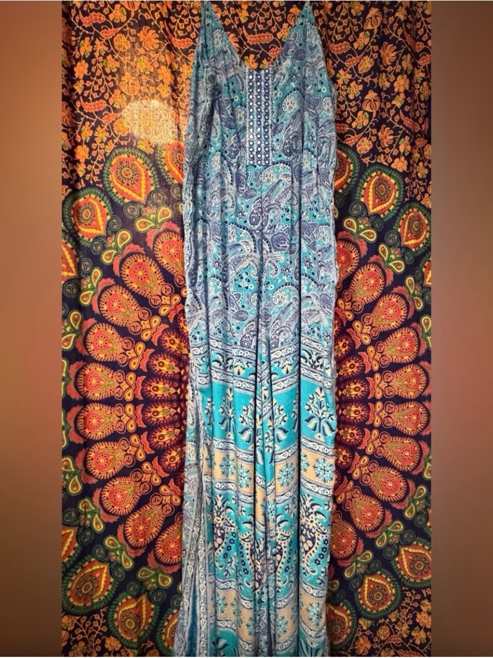 Teal Paisley Maxi Jumpsuit with Spaghetti Straps
